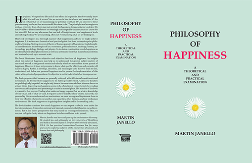 Front, spine, back cover of the Philosophy of Happiness book hardbound edition. Black and red writing on light blue background with white daisy.