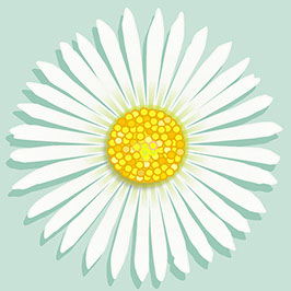 Graphic of white daisy flower on light blue background facing the viewer.