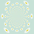Square graphic of infinite horizontally mirrored circular garlands of white daisies against blue background.