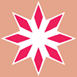 Graphic of 8-pronged white star with a red rhombus in each tip on pink background.