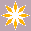 Graphic of 8-pronged white star with a yellow rhombus in each tip on purple background.