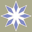 Graphic of 8-pronged white star with a blue rhombus in each tip on grey background.