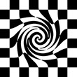 Graphic of black and white chess board whose interior elements are drawn into a swirl.