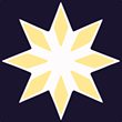 Graphic of 8-pronged white star with a light gold rhombus in each tip on dark blue background.