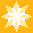 Graphic of 8-pronged white star with a light gold rhombus in each tip on dark yellow background.