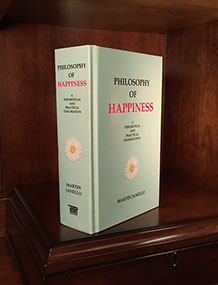 Photo of the Philosophy of Happiness book hardcover taken diagonally from right rear corner showing spine and front cover on bookshelf.