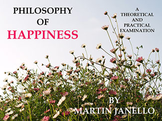 Side view photo of mound of white & pink daisies with the Philosophy of Happiness written logo in black and pink and Martin Janello's name.