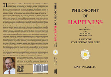 Front, spine, back cover of Philosophy of Happiness Part One paperback. Black and red writing on light brown background with white daisy.