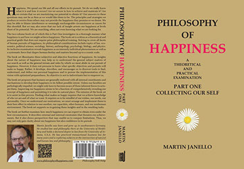 Front, spine, back cover of Philosophy of Happiness Part One paperback. Black and red writing on light brown background with white daisy.