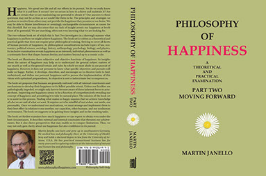 Front, spine, back cover of Philosophy of Happiness Part Two paperback. Black and red writing on light green background with white daisy.