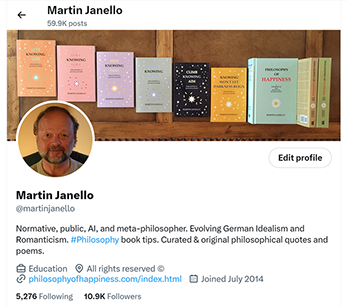 A screenshot of Martin's Twitter/X Profile, depicting a portait of Martin and a lineup of his books.