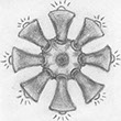 Closeup square pencil drawing showing top view of an 8-horned, multi-directional siren sounding off.